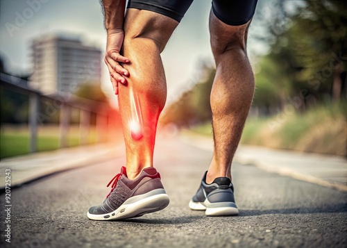 Close-up of a runner's leg, showcasing inflammation and pain on the shin area, with a subtle background blur to emphasize the affected zone.