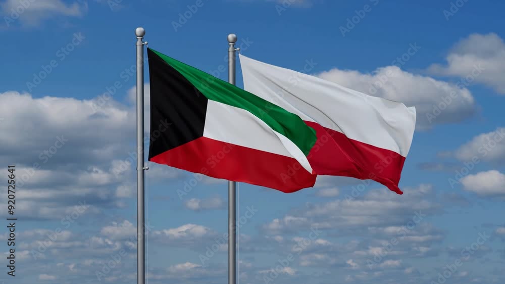 Poland and Kuwait flags flying together, video concept of the relationship, two country cooperation concept Poland and Kuwait flags flying together, video concept of the relationship, two country cooperation concept