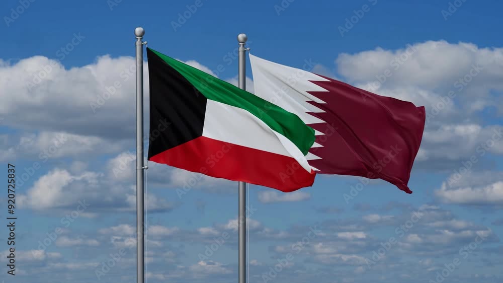 Qatar and Kuwait flags flying together, video concept of the relationship, two country cooperation concept Qatar and Kuwait flags flying together, video concept of the relationship, two country cooperation concept