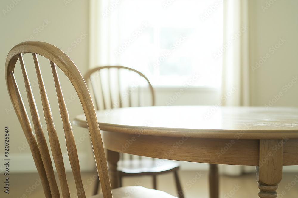 Minimalist Interior Scene with Wooden Dining Chairs and Table in Soft Natural Light Minimalist Interior Scene with Wooden Dining Chairs and Table in Soft Natural Light