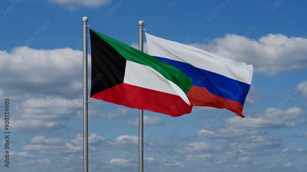 Russian Federation and Kuwait flags flying together, video concept of the relationship Russian Federation and Kuwait flags flying together, video concept of the relationship