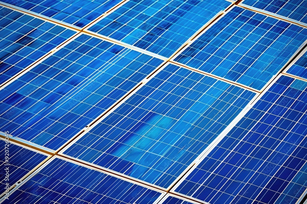 Vibrant blue solar panels atop a metal structure, embodying clean energy production.