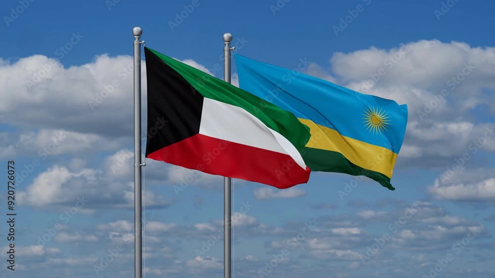 Republic of Rwanda and Kuwait flags flying together, video concept of the relationship, two country cooperation concept Republic of Rwanda and Kuwait flags flying together, video concept of the relationship, two country cooperation concept