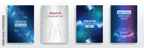 Futuristic background for flyer, brochure. Scientific cover template for presentation, banner. Page layout set for sci-fi. Set of high-tech covers for marketing. Modern technology design for posters.