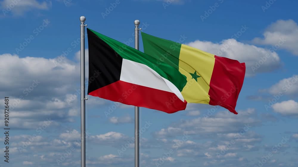 Republic of Senegal and Kuwait flags flying together, video concept of the relationship, two country cooperation concept Republic of Senegal and Kuwait flags flying together, video concept of the relationship, two country cooperation concept