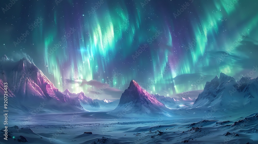 Fototapeta premium A digital artwork of an arctic tundra with the Northern Lights, vibrant green and purple lights illuminating the snowy ground, detailed and ethereal,