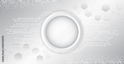 Abstract grey high tech background consisting of printed circuit board circles and other technological elements. Digital communication, data protection, futuristic presentation, science cover.