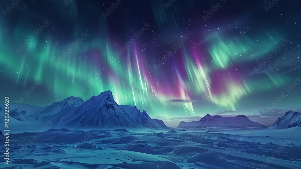 A digital artwork of an arctic tundra with the Northern Lights, vibrant green and purple lights illuminating the snowy ground, detailed and ethereal, A digital artwork of an arctic tundra with the Northern Lights, vibrant green and purple lights illuminating the snowy ground, detailed and ethereal,