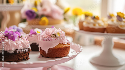 Birthday tablescape or candy bar with sweets, Birthday cake and cupcakes, beautiful party and celebration