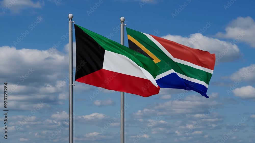 Republic of South Africa and Kuwait flags flying together, video concept of the relationship, two country cooperation concept Republic of South Africa and Kuwait flags flying together, video concept of the relationship, two country cooperation concept