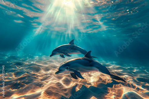 Underwater dolphins with shimmering light reflections on their bodies, peaceful and majestic ocean scene photo