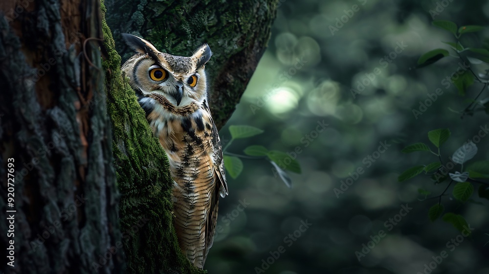 Obraz premium Owl perched on a green tree with blurred forest background