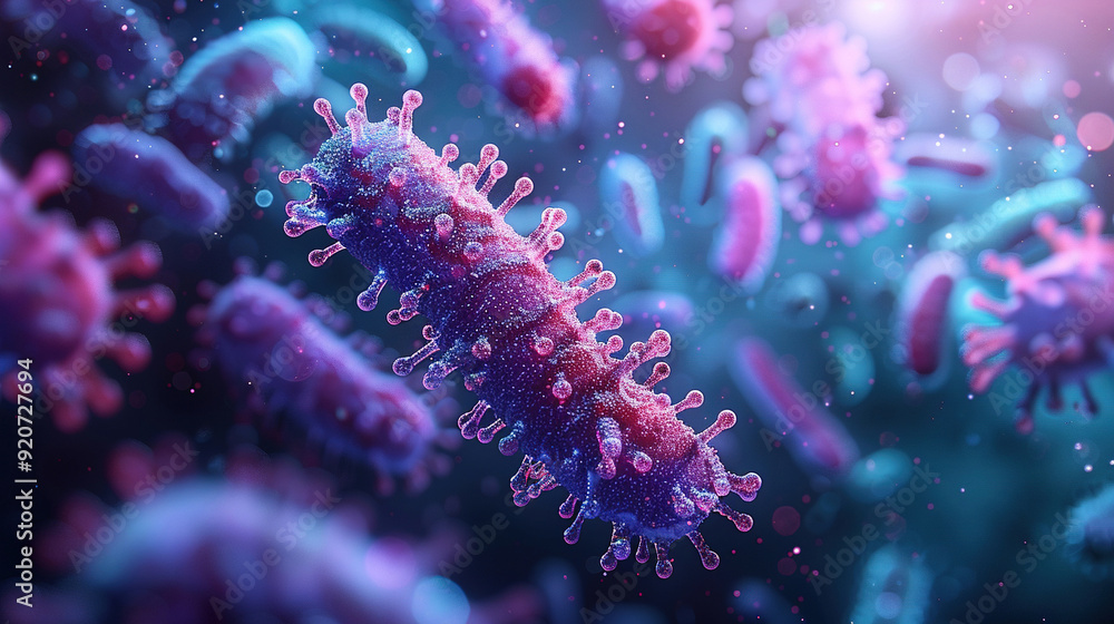 Fototapeta premium Wallpaper photo of blue and pink bacteria with blurred background 3D rendering. For learning science, biology.