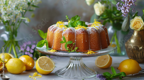 a lemon drizzle cake, garnished with lemon zest and fresh mint, set on a glass cake stand with a vase of fresh flowers nearby