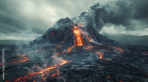 A digital artwork of an erupting volcano with flowing lava and rising ash clouds, overcast day with dark clouds, detailed and moody, capturing the ominous and powerful atmosphere of the eruption,