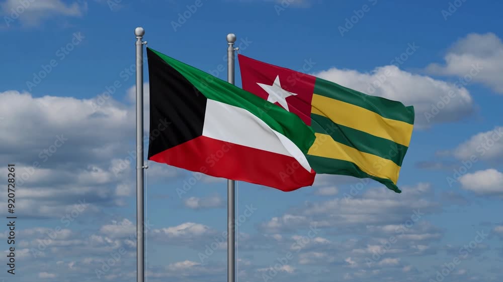 Togo, Togolese Republic and Kuwait flags flying together, video concept of the relationship, two country cooperation concept Togo, Togolese Republic and Kuwait flags flying together, video concept of the relationship, two country cooperation concept