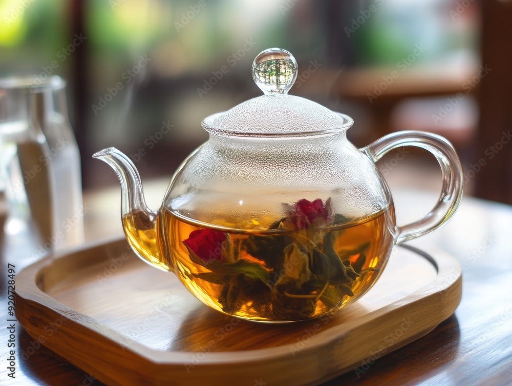 Glass Teapot with Herbal Tea Steeping on Rustic Wooden Tray Glass Teapot with Herbal Tea Steeping on Rustic Wooden Tray
