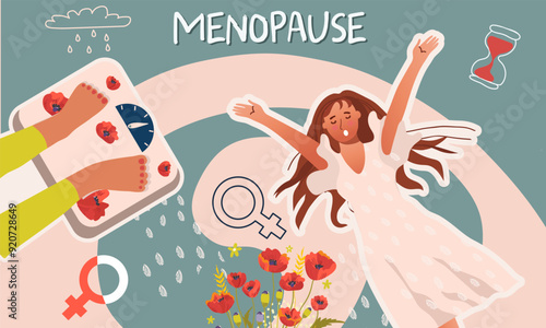 A collage about women's health. World menopause day. Gynecology.  Poppies as a symbol of menstruation. Weight disturbance, hot flashes, symptoms. Hand drawing vector illustration.