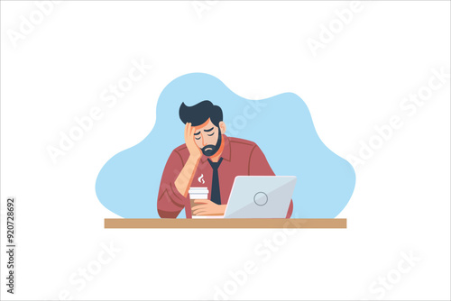 Bored young man at the desk with tired expressions. vector illustrations.