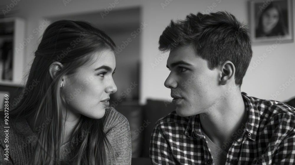 A man and woman in a domestic setting, engaged in an intimate conversation. A man and woman in a domestic setting, engaged in an intimate conversation.