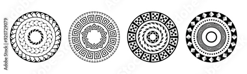 Set of tribal mandala art, abstract circular geometric designs in Polynesian and Hawaiian styles. Aztec simple mandalas