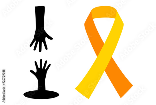 World Suicide Prevention Day, 10 September. Two hands holding and draft with a ribbon of consciousness. Stock vector illustration. white background