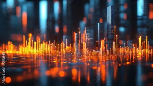 Futuristic city skyline with glowing orange data points, ideal for high-tech themes, smart cities, and data visualization concepts, #920729618