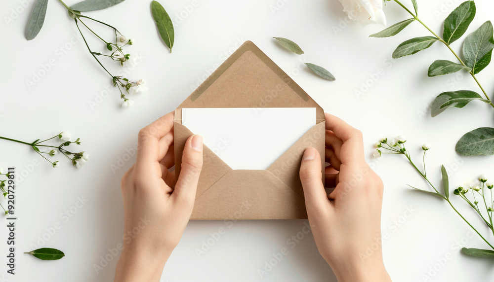 Womans hands holding kraft envelope with blank Womans hands holding kraft envelope with blank
