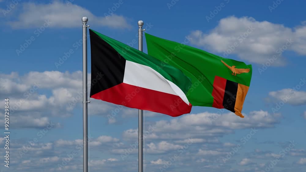 Zambia and Kuwait flags flying together, video concept of the relationship, two country cooperation concept Zambia and Kuwait flags flying together, video concept of the relationship, two country cooperation concept