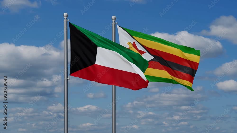 Zimbabwe and Kuwait flags flying together, video concept of the relationship, two country cooperation concept Zimbabwe and Kuwait flags flying together, video concept of the relationship, two country cooperation concept