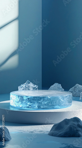 Ice realistic 3D podium with shadows and lighting for product promotion and advertising. Generative AI.