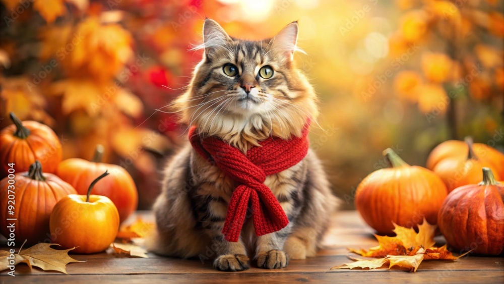 Happy cute fluffy cat on autumn background with pumpkin Happy cute fluffy cat on autumn background with pumpkin