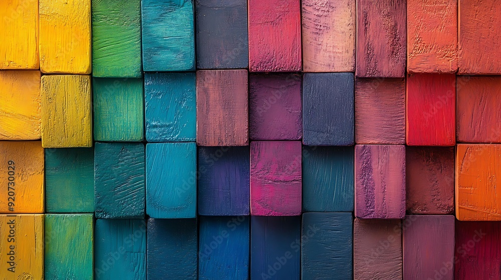 Brightly painted wooden blocks arranged in a uniform grid, showcasing a variety of vibrant colors and textures, Suitable for wall art, interior design inspiration, or educational materials,