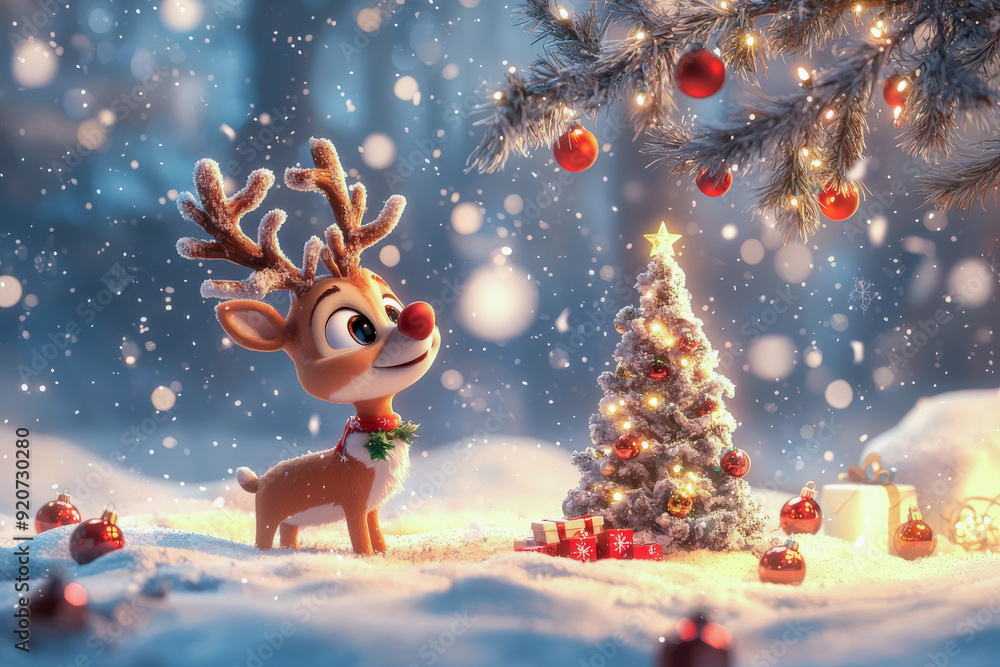 Dibujo de un joven reno mirando ilusionado un árbol decorado con bolas de navidad, en un paisaje natural nevado, con bolas sobre la nieve y un pequeño árbol de navidad decorado e iluminado Dibujo de un joven reno mirando ilusionado un árbol decorado con bolas de navidad, en un paisaje natural nevado, con bolas sobre la nieve y un pequeño árbol de navidad decorado e iluminado