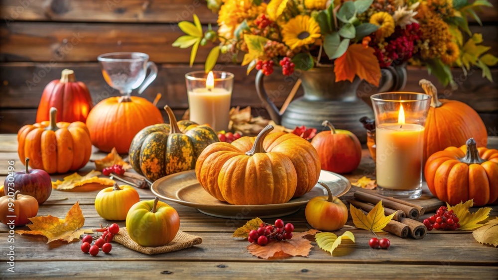 Autumn table with pimpkins, autumn leaves and candles Autumn table with pimpkins, autumn leaves and candles