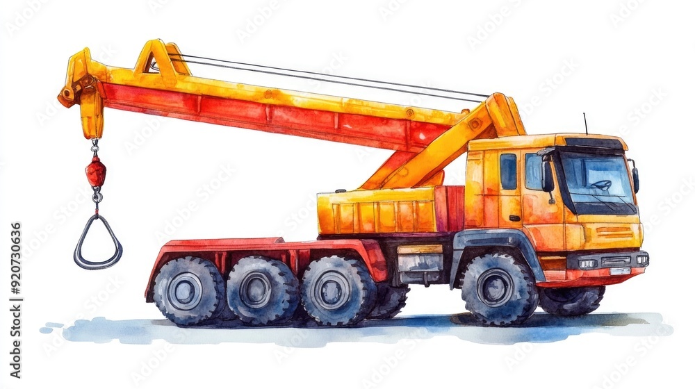 Naklejka premium Cheerful and colorful watercolor of a cute cartoon crane truck with a hook isolated on a white background The crane truck design features a playful cheerful aesthetic perfect for construction
