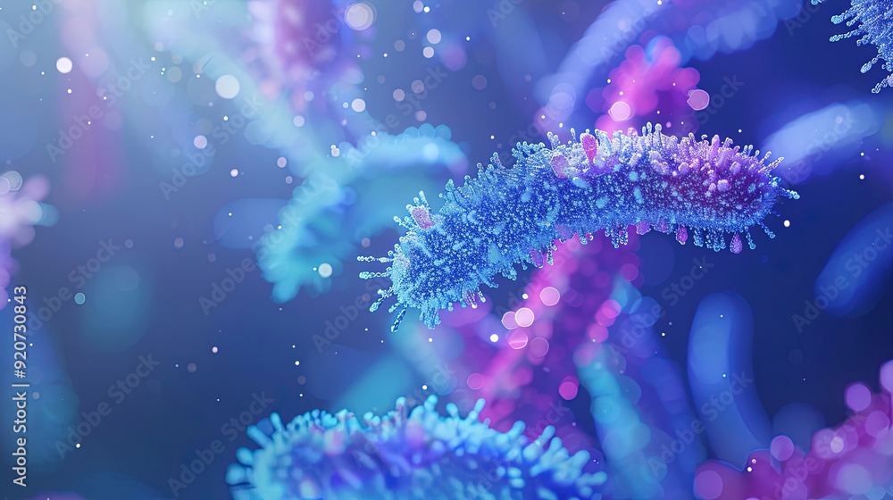Fototapeta premium Wallpaper photo of blue and pink bacteria with blurred background 3D rendering. For learning science, biology.