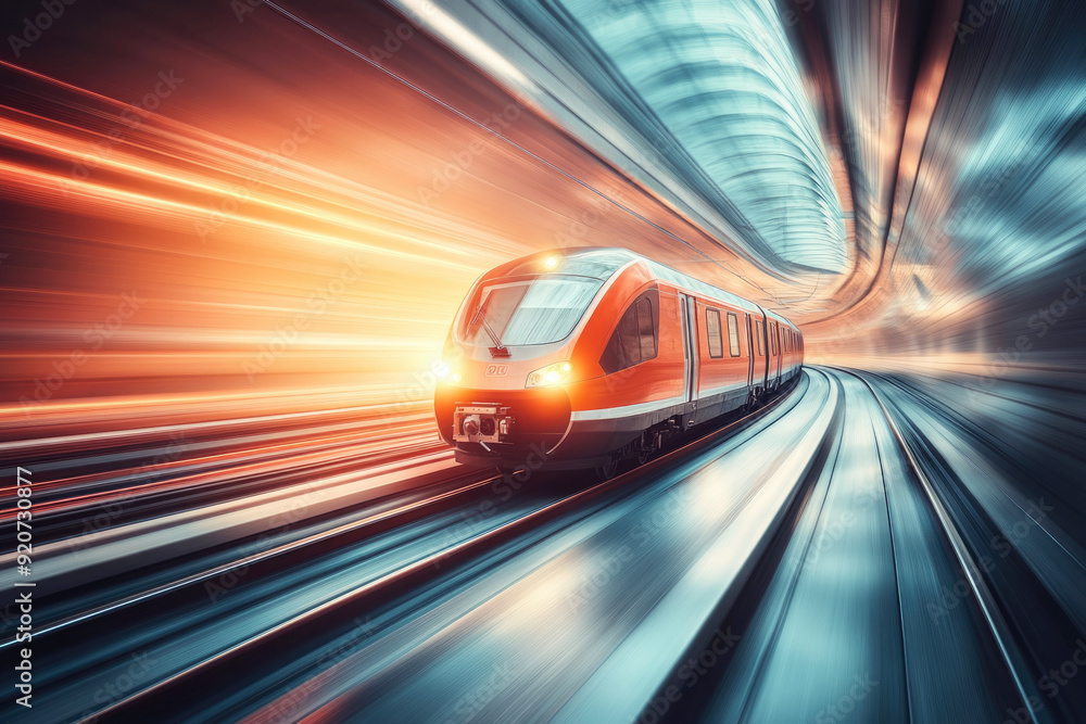 A sleek, high-speed train races through a modern tunnel at incredible speed, representing progress, innovation, and the future of transportation. A sleek, high-speed train races through a modern tunnel at incredible speed, representing progress, innovation, and the future of transportation.