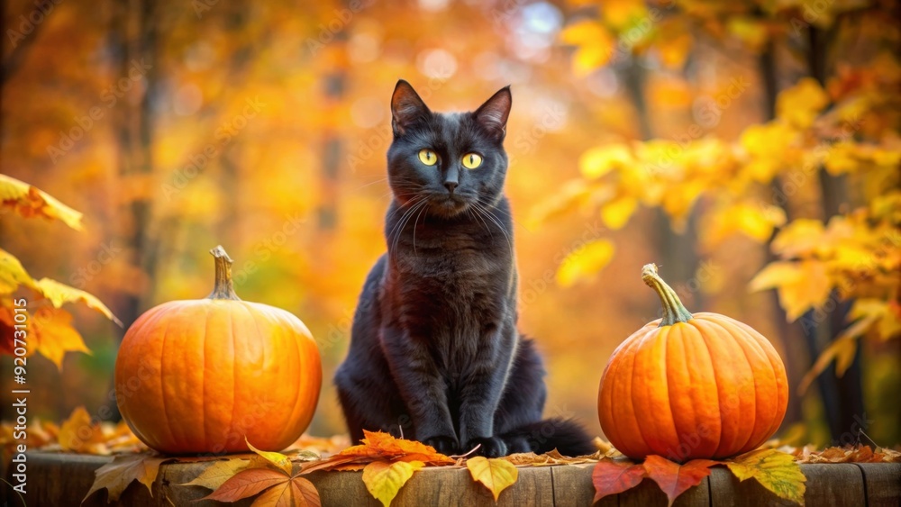 Black cat sitting on halloween pumpkin in straw autumn background Black cat sitting on halloween pumpkin in straw autumn background