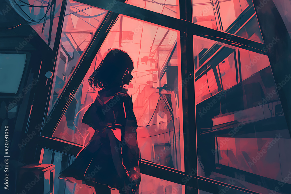 Lofi futuristic girl looks out the window at flying cars in a neon-lit city, reflecting on a cyberpunk future.
Lofi futuristic girl looks out the window at flying cars in a neon-lit city, reflecting on a cyberpunk future.
