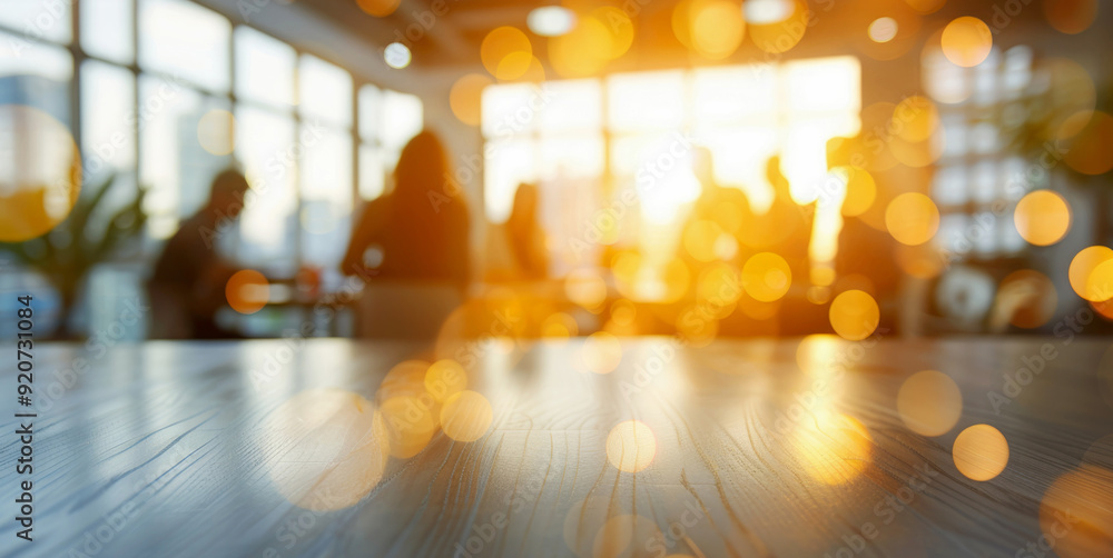 A corporate workspace during sunset with blurred silhouettes of people and a wooden table in focus illustrating work-life balance and teamwork. A corporate workspace during sunset with blurred silhouettes of people and a wooden table in focus illustrating work-life balance and teamwork.