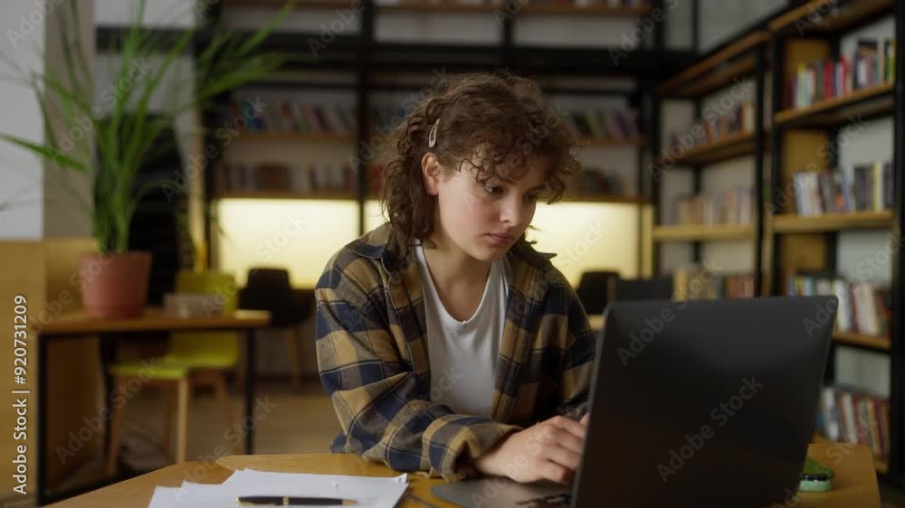 A student girl with curly hair does a warm-up while working on a laptop in the university library A student girl with curly hair does a warm-up while working on a laptop in the university library