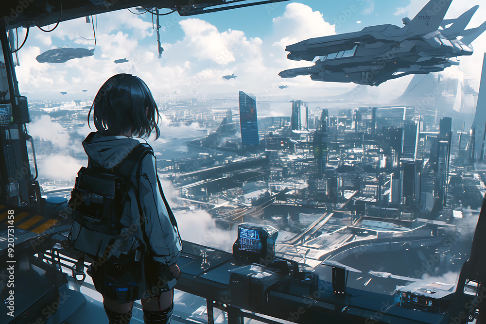 Lofi futuristic girl looks out the window at flying cars in a neon-lit city, reflecting on a cyberpunk future.
Lofi futuristic girl looks out the window at flying cars in a neon-lit city, reflecting on a cyberpunk future.