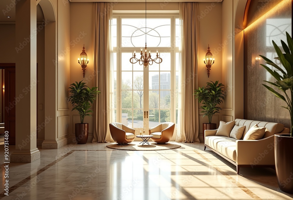 Fototapeta premium Sunlit Modern Hotel Lobby: Spacious, Luxurious Interior Design for Commercial Photography