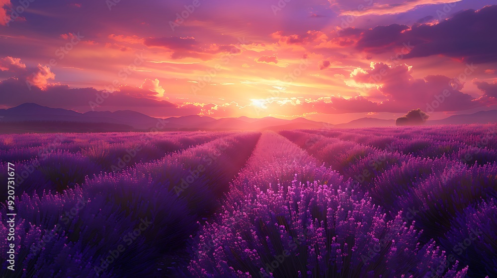 A digital artwork of lavender fields stretching into the distance, bathed in the warm light of a setting sun, with a vibrant orange and purple sky, detailed and peaceful, A digital artwork of lavender fields stretching into the distance, bathed in the warm light of a setting sun, with a vibrant orange and purple sky, detailed and peaceful,