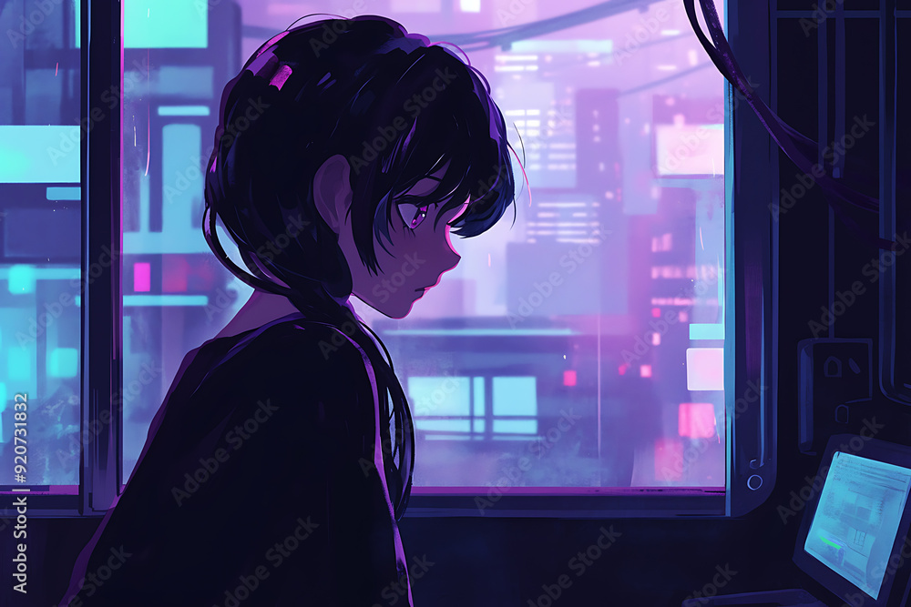 Lofi futuristic girl looks out the window at flying cars in a neon-lit city, reflecting on a cyberpunk future.
Lofi futuristic girl looks out the window at flying cars in a neon-lit city, reflecting on a cyberpunk future.