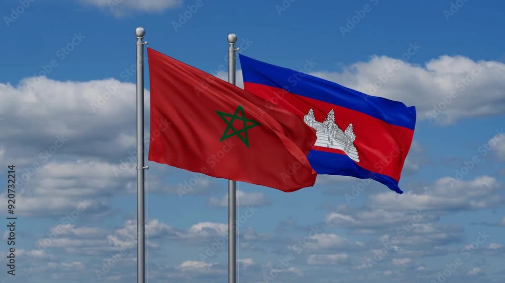 Cambodia and Morocco flags flying together, video concept of the relationship, two country relations concept Cambodia and Morocco flags flying together, video concept of the relationship, two country relations concept