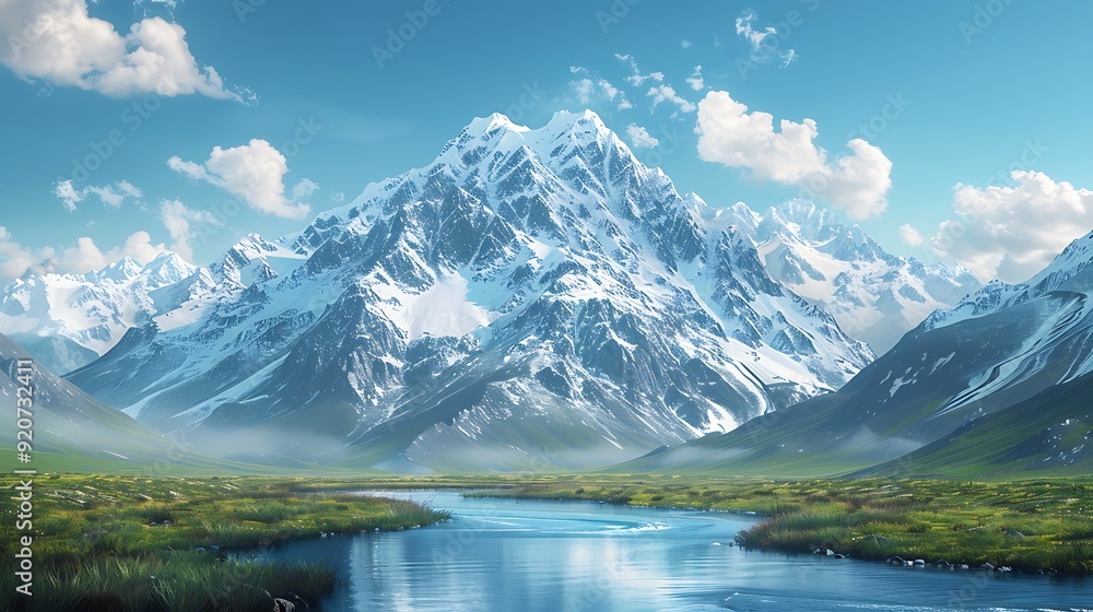A digital artwork of majestic snow-capped mountains, with a winding river below, clear blue sky with a few fluffy clouds, panoramic view, detailed textures, realistic lighting, A digital artwork of majestic snow-capped mountains, with a winding river below, clear blue sky with a few fluffy clouds, panoramic view, detailed textures, realistic lighting,