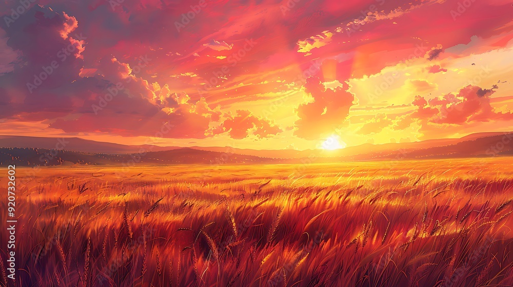 A digital artwork of rolling fields of wheat bathed in the warm hues of a setting sun, with vibrant orange and pink sky, detailed and serene, capturing the tranquil beauty of sunset over the fields, A digital artwork of rolling fields of wheat bathed in the warm hues of a setting sun, with vibrant orange and pink sky, detailed and serene, capturing the tranquil beauty of sunset over the fields,