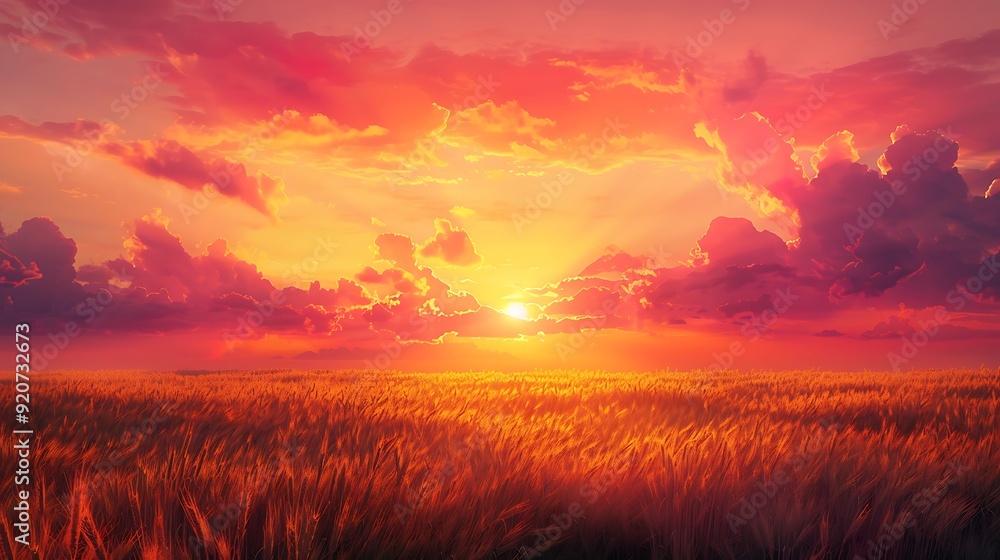 A digital artwork of rolling fields of wheat bathed in the warm hues of a setting sun, with vibrant orange and pink sky, detailed and serene, capturing the tranquil beauty of sunset over the fields, A digital artwork of rolling fields of wheat bathed in the warm hues of a setting sun, with vibrant orange and pink sky, detailed and serene, capturing the tranquil beauty of sunset over the fields,